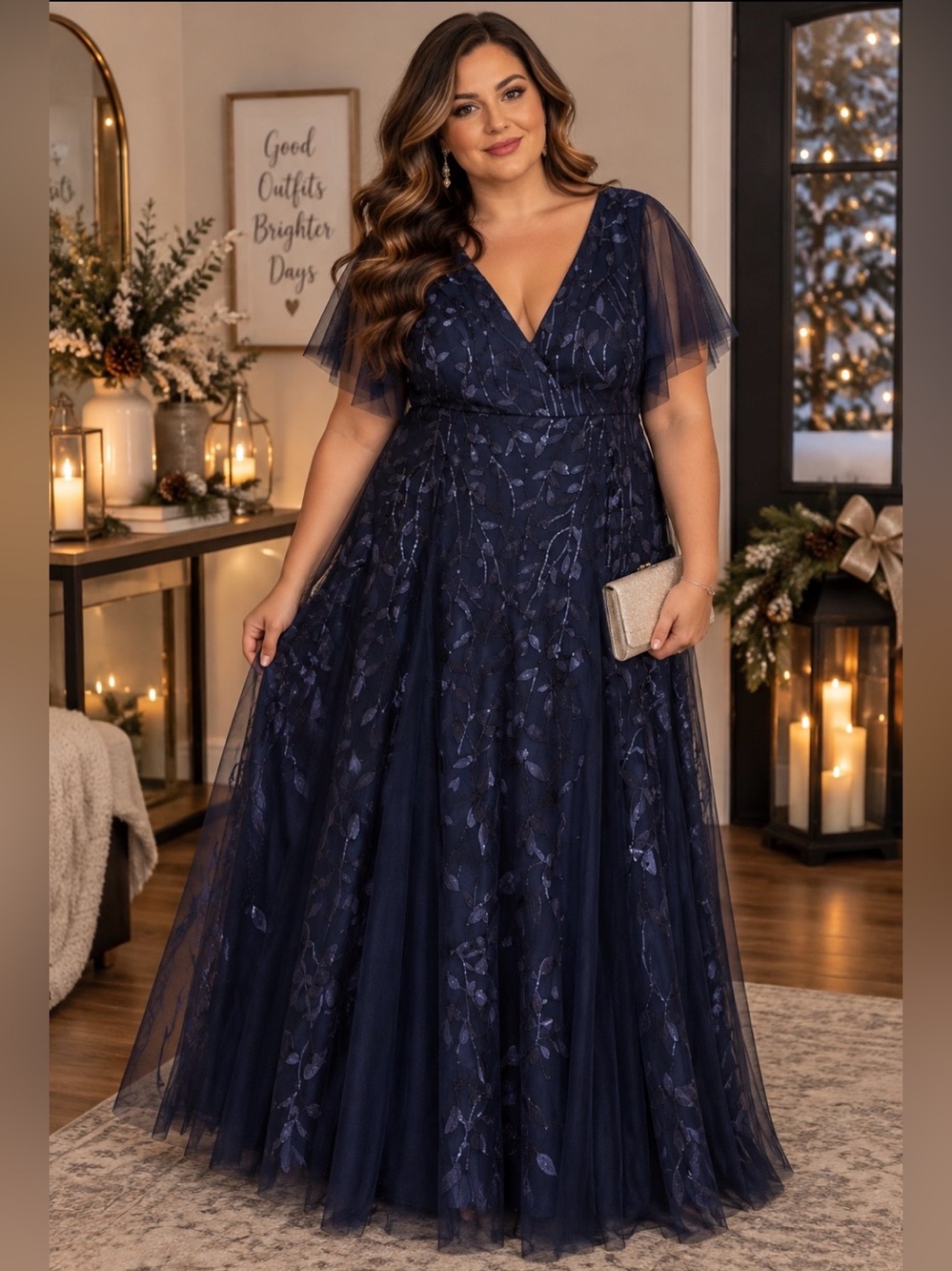 Ever Pretty Navy Blue V-Neck Tulle Evening Gown